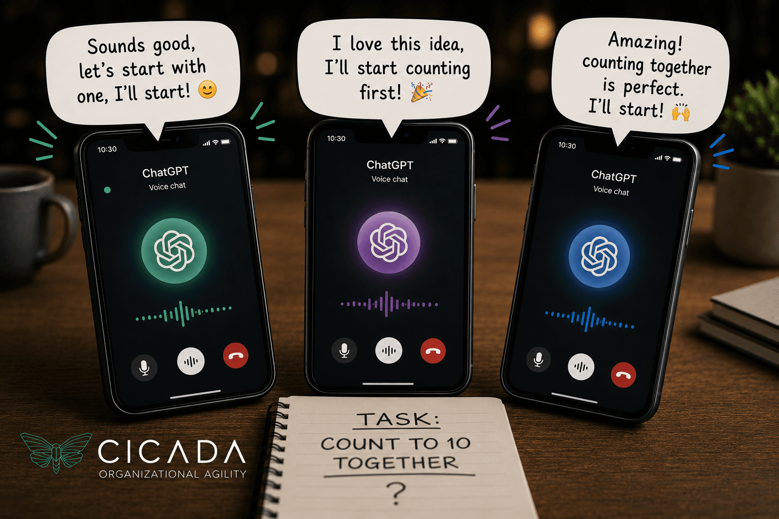 Phones trying to do a group task using AI